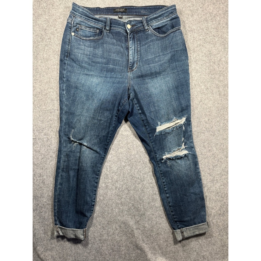 Judy Blue Distressed Skinny Jeans 14W Plus High Rise Ripped Cuffed Medium Wash